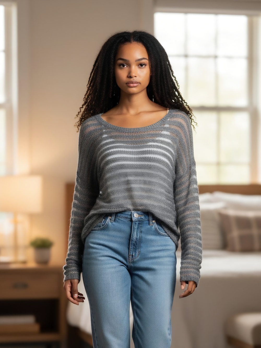 Hollister Women's XS/S Gray Striped Scoop Neck Knit Sheer Lightweight Sweater